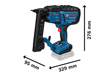 Blå och svart Bosch häftpistol med måtten 95 mm x 329 mm x 276 mm.