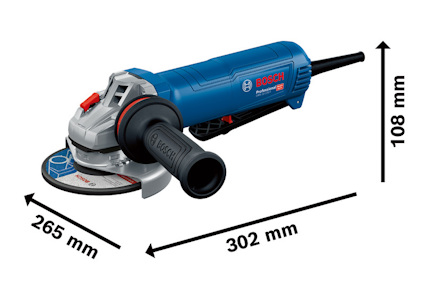 Blå och svart vinkelslip från Bosch med röd detalj, visad med mått: 265 mm, 302 mm, 108 mm.