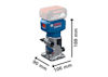 Blå och svart Bosch-router med måtten 188 mm x 90 mm x 106 mm, batteriöppning ovanpå.
