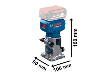 Blå och svart Bosch-router med måtten 188 mm x 90 mm x 106 mm, batteriöppning ovanpå.