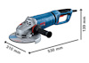 Blå och svart vinkelslip med Bosch-logotyp. Måttangivelser: 530 mm längd, 310 mm bredd, 139 mm höjd.