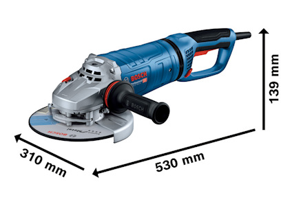 Blå och svart vinkelslip med Bosch-logotyp. Måttangivelser: 530 mm längd, 310 mm bredd, 139 mm höjd.