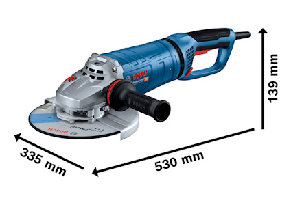Vinkelslipmaskin från Bosch med måtten 335 mm bredd, 530 mm längd och 139 mm höjd.