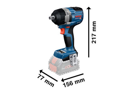 Elektrisk slagnyckel med måtten 217 mm (höjd), 77 mm (djup), 156 mm (längd), märkt "Bosch Professional".