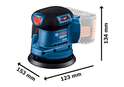 Roterande slipmaskin i blått och svart med måtten 153 mm, 123 mm, och 134 mm angivna.