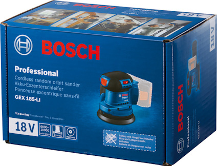 Förpackning för Bosch Professional 18V akku-excenterslip GEX 185-LI, med illustration av slipmaskinen.