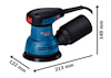 Excenterslipmaskin med handtag, dammuppsamlare och Bosch-logotyp, dimensioner 213x149x122 mm.