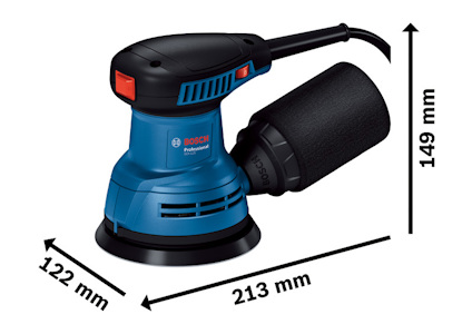 Excenterslipmaskin med handtag, dammuppsamlare och Bosch-logotyp, dimensioner 213x149x122 mm.