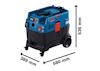 Blå och svart dammsugare med röd detalj, Bosch Professional. Storlek: 580 mm x 389 mm x 536 mm. Hjulförsedd.