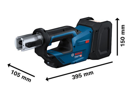 Batteridriven cirkelsåg i blått med svarta detaljer. Mått: 395 mm x 105 mm x 150 mm.
