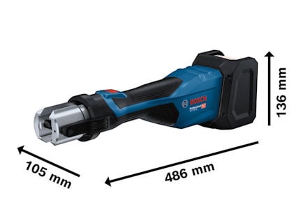 Blå och svart sladdlös verktyg med Bosch-logga, mått: 486 mm längd, 105 mm bredd, 136 mm höjd.