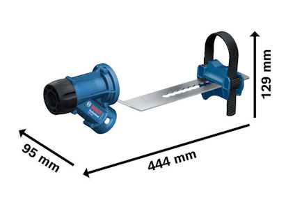 Blå elektrisk såg med måttangivelser: 444 mm lång, 129 mm hög, 95 mm bred.