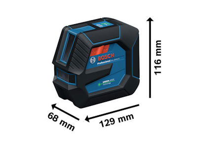 Blå laseravståndsmätare med märket "Bosch Professional". Mått: 116 mm höjd, 129 mm bredd, 68 mm djup.