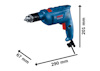 Blå och svart elektrisk borrmaskin med märkning "BOSCH professional". Storlek: 290 x 201 x 67 mm.