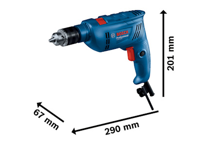 Blå och svart elektrisk borrmaskin med märkning "BOSCH professional". Storlek: 290 x 201 x 67 mm.