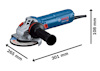 Vinkelslipmaskin med Bosch-logotyp, längd 301 mm, höjd 108 mm, längd inklusive skiva 265 mm.