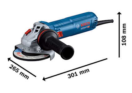 Vinkelslipmaskin med Bosch-logotyp, längd 301 mm, höjd 108 mm, längd inklusive skiva 265 mm.