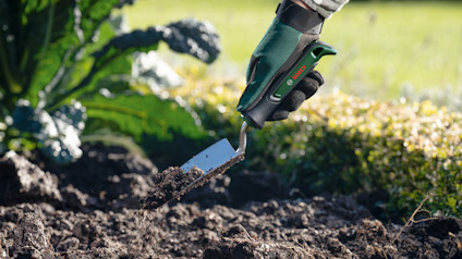 Person med gröna handskar håller en handspade och gräver i jorden nära en växt.