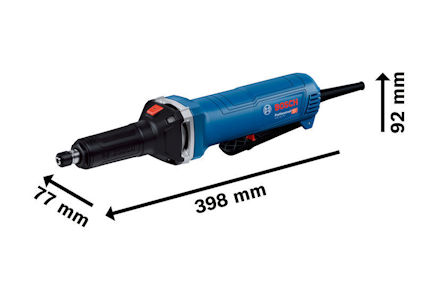 Blå och svart slipmaskin av märket Bosch med måtten 398 mm x 77 mm x 92 mm.
