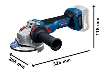 Vinkelslip med Bosch-logotyp, svarta och blå detaljer, batterifack och längdmått: 325 mm, 265 mm och 118 mm.