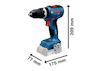 Sladdlös borrmaskin med mått: längd 175 mm, bredd 77 mm, höjd 209 mm. Bosch Professional branding synlig.