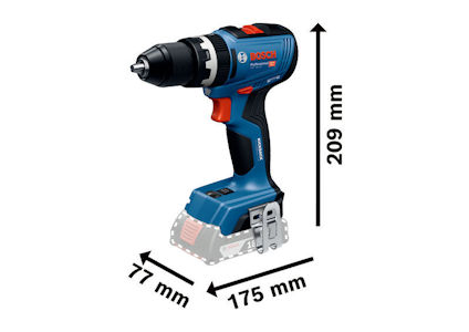 Sladdlös borrmaskin med mått: längd 175 mm, bredd 77 mm, höjd 209 mm. Bosch Professional branding synlig.