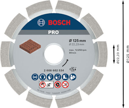 Diamantklinga med Bosch-logotyp, Ø 125 mm, max 12,250 rpm, illustration av tegel och säkerhetssymboler.