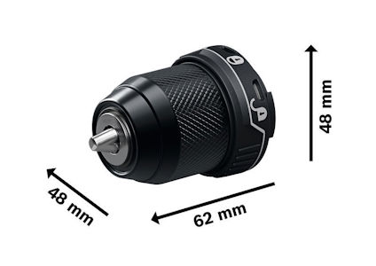 Borrchuck med måtten 48 mm och 62 mm, svart med metallisk spets.
