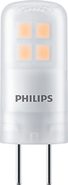 Lampa av märket Philips med G4-sockel och genomskinligt hölje. Fyra lysande dioder syns inuti.