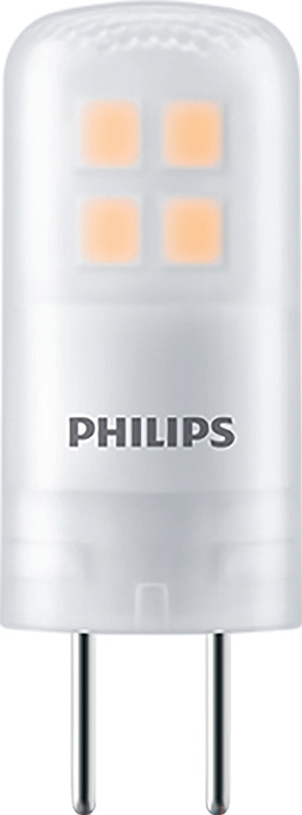 Lampa av märket Philips med G4-sockel och genomskinligt hölje. Fyra lysande dioder syns inuti.