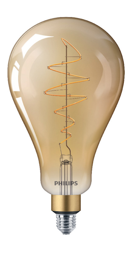 En glödlampa med synlig spiralformad glödtråd och texten "PHILIPS" på sockeln.