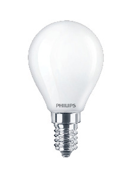Vit glödlampa med E14-sockel och texten "Philips" nära sockeln.
