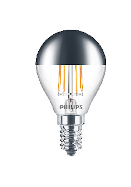 Glödlampa med klara glaselement och silverbelagd topp. Philips-logga på basen.