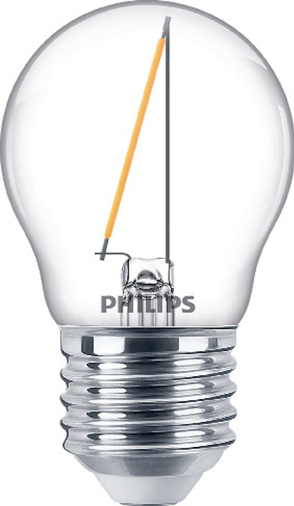 Glödlampa med glödstav och metallbas med texten "PHILIPS" på glaset.