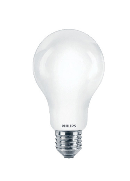 Vit glödlampa med skruvsockel och text "PHILIPS" på basen.