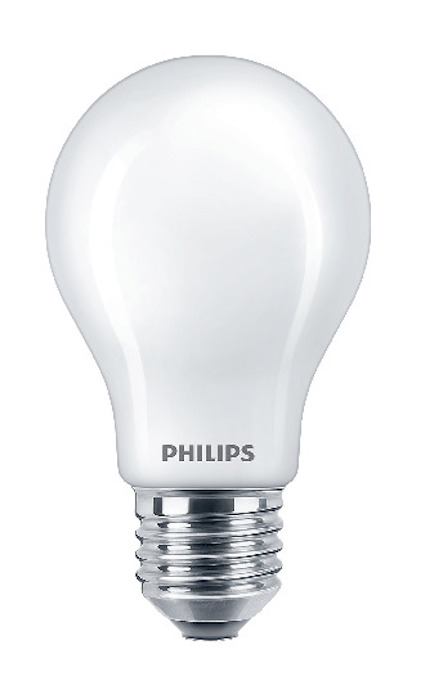 Vit glödlampa med metallisk sockel och texten "PHILIPS" tryckt nära basen.