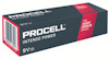 Procell Intense Power 9V batteri, för hög effekt, mörk förpackning med röd etikett. Streckkod till vänster.