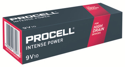 Procell Intense Power 9V batteri, för hög effekt, mörk förpackning med röd etikett. Streckkod till vänster.