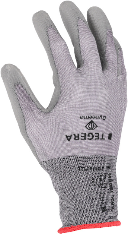 Arbetshandske i grått och svart med texten "TEGERA Dyneema".