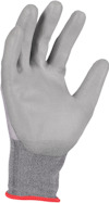 Grå arbetshandske med röd kant, upplyft handflata och fingerspetsar synliga.