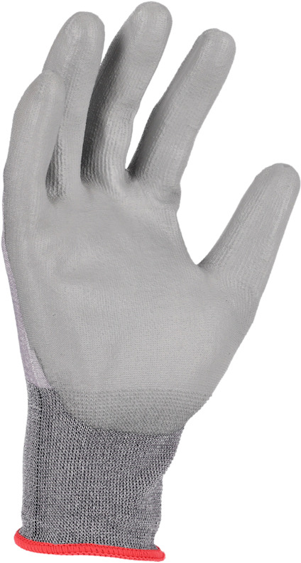 Grå arbetshandske med röd kant, upplyft handflata och fingerspetsar synliga.