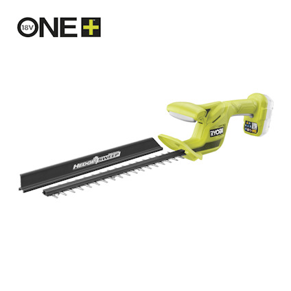 Grön Ryobi häcksax med etikett "HEDGE SWEEP", vit och svart text "18V ONE+" i hörnet.