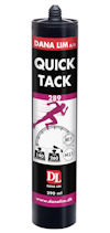 En svart och röd förpackning för Dana Lim Quick Tack 289, 290 ml, med en springande silhuett och webbplatsadress längst ner.