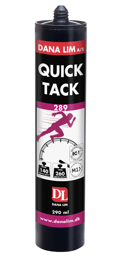 En svart och röd förpackning för Dana Lim Quick Tack 289, 290 ml, med en springande silhuett och webbplatsadress längst ner.