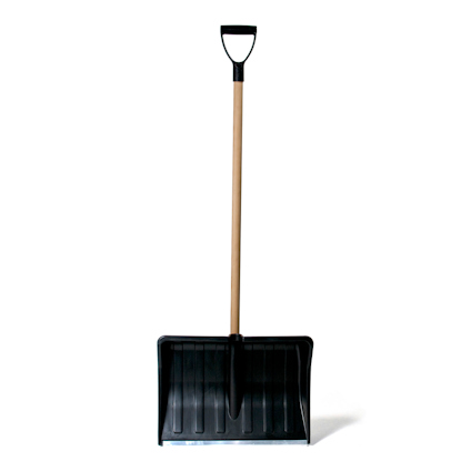 Snöskyffel med svart plastblad och trähandtag samt ett grepp i svart plast.