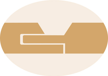 Abstrakt design med två bruna former som möts i mitten mot en ljus beige oval bakgrund.