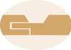 Ovalt emblem med abstrakt design i beige och brunt, bestående av raka och vinkelformade linjer som bildar ett stiliserat mönster.