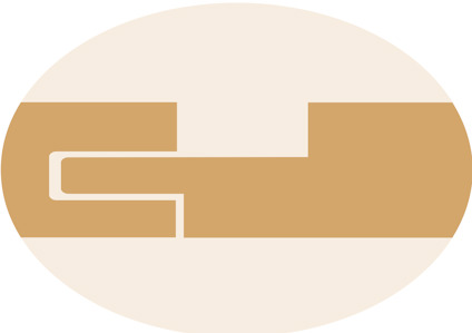 Beige och vit geometrisk form i en oval.