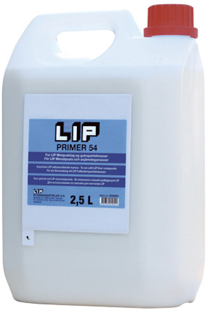 Plastdunk med etikett märkt "LIP PRIMER 54" och röd skruvkork.
