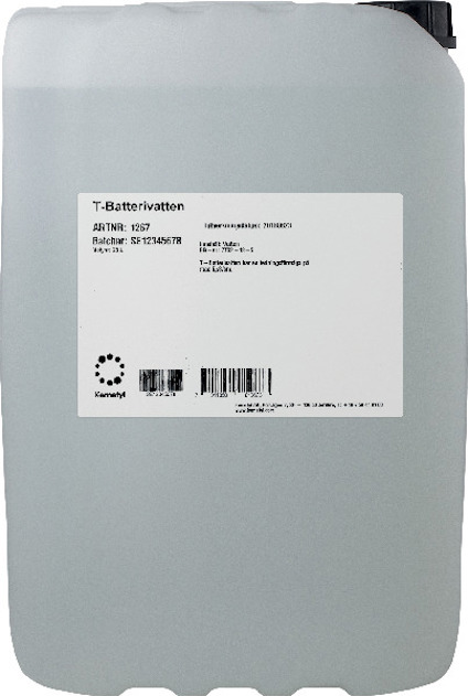 Kanna med etikett "T-Batterivatten" och specifikationer, inklusive artikelnummer 1057.